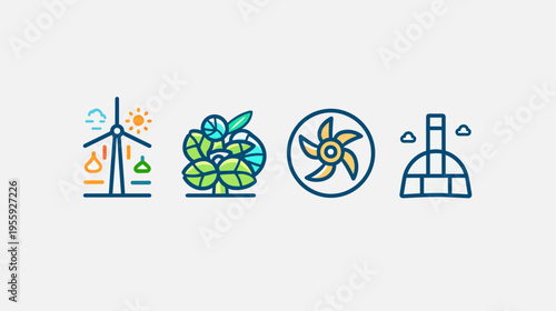 Four eco-friendly icons, depicting wind power, plants, fan, and a greenhouse