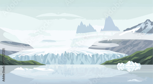 majestic glacial fjord with towering ice walls and reflective waters under a serene sky  a tranquil arctic scene with distant snowy peaks and clear