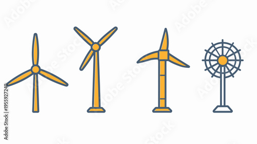 Four stylized wind turbine and fan icons, gold and blue outlines on a white background