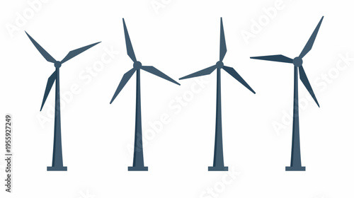 Four simplified turbines, blue-grey, lined up on white, blades at varying positions