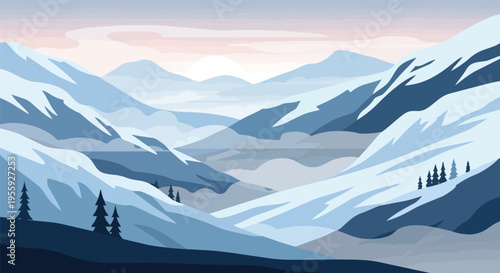 A beautiful vector scene of a serene winter mountain landscape featuring majestic snow-covered peaks and a peaceful valley at dawn or dusk
