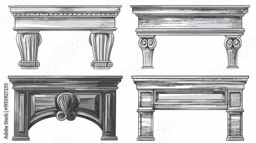 Four ornate grayscale fireplace mantels, each with distinct architectural styles