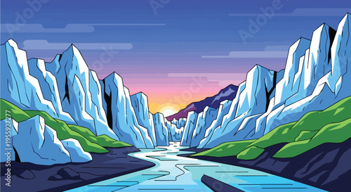 Majestic Glacial Landscape at Sunset with Winding River Flowing Through Icy Valleys and Vibrant Sky Creating a Serene and Epic Natural Scene Vector