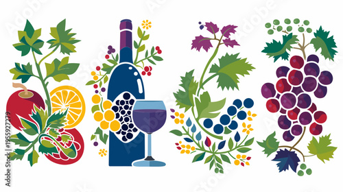 Stylized vector of wine bottle, glass, & fruit with leaves in a cartoon illustration