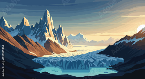An expansive vector illustration of a majestic glacial landscape showcasing jagged snow-capped peaks and a vibrant turquoise lake at dawn or dusk