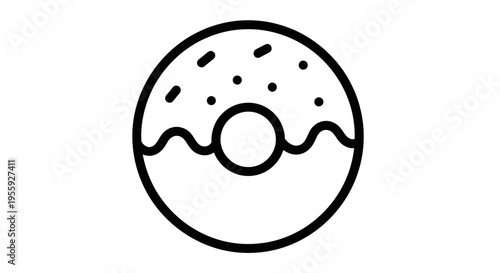 Simple line art icon of a glazed donut with sprinkles, isolated on white background.