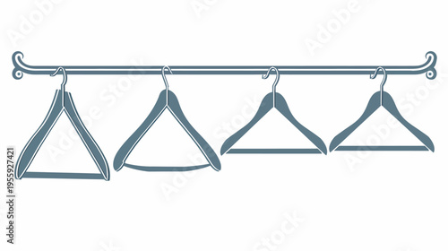 Illustration of four clothes hangers hanging on a metal rail with curved accents