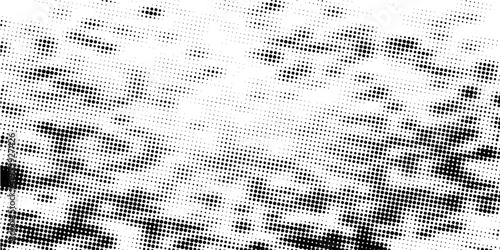 Abstract black and white halftone dots forming a dynamic wave pattern. Modern geometric optical illusion style background with flowing motion effect, suitable for posters, banners, digital design