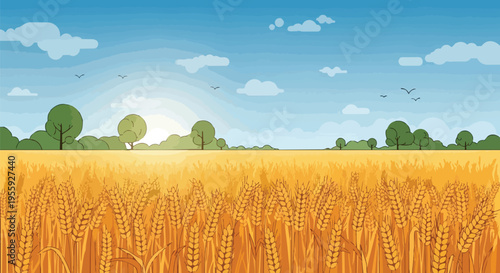 Golden wheat field under a clear blue sky with distant green trees and birds soaring gracefully. A serene rural landscape illustrating nature's