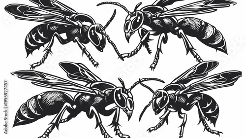 Four detailed, black and white vector wasps on a white background in various orientations