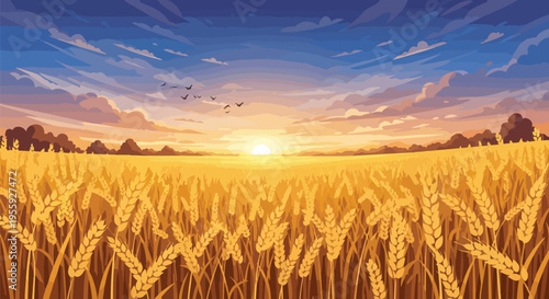 Golden wheat field bathed in warm evening light under a vast dramatic sky birds soar peacefully across the horizon a tranquil agricultural scene