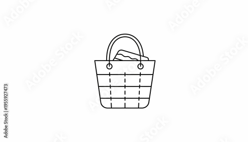 Simple Line Art Icon of a Woven Shopping Bag with Contents