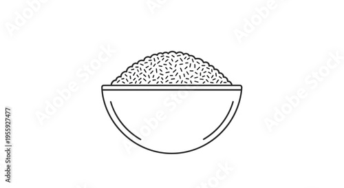 Simple Line Art Icon of Rice Bowl, Minimalist Food Illustration