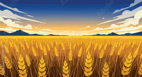 A picturesque agricultural panorama showcasing ripening golden wheat swaying gently beneath a vividly painted sky transitioning from deep azure to