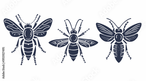 Three dark blue bee illustrations on a white background
