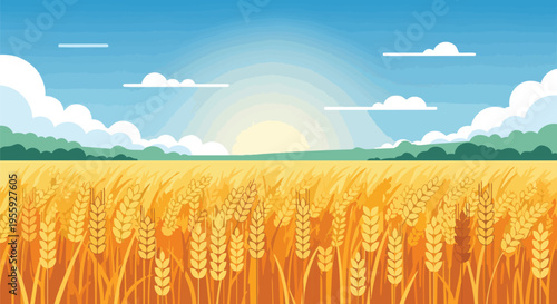 Golden wheat field under a bright sky with a distant sun and rolling green hills