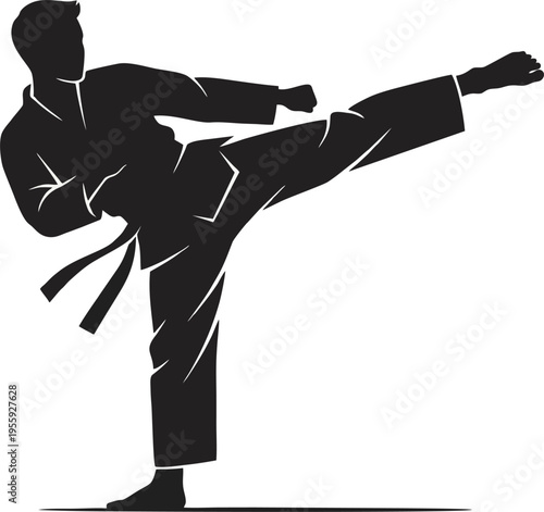 Taekwondo roundhouse kick silhouette of a master with high leg extension. Minimalist black vector for martial arts school and discipline training