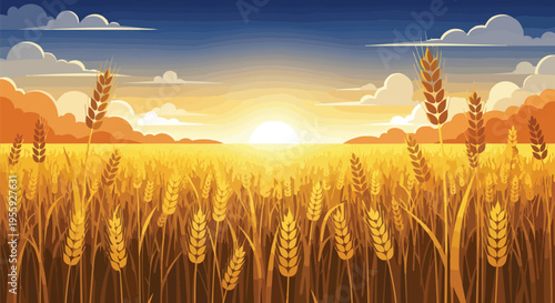 Golden harvest field at sunset illustration with vibrant skies and ripening crops. This idyllic scene beautifully captures the essence of summer