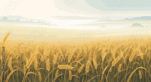 An expansive golden wheat field stretches gracefully into the distance, illuminated by soft, natural light, embodying the peaceful essence of a