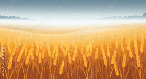 Golden grain field panorama under a serene, distant sky ready for harvest season