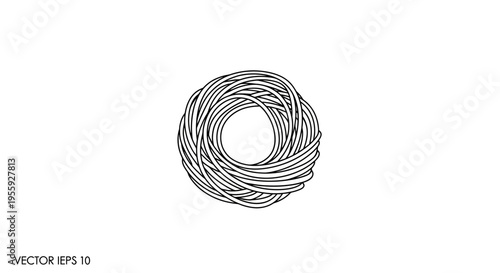 Abstract circular nest of spaghetti pasta, Italian food ingredient, monochrome line art