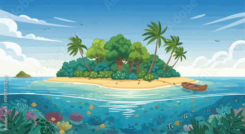 Idyllic Animated Tropical Isle with Palm-Fringed Shoreline, Azure Waters, and Hidden Subaquatic Wonders Below