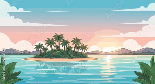 Tranquil cartoon tropical island at sunrise with palm trees and gentle water reflections serene vector art landscape