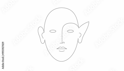 Abstract Face Silhouette with Elven Ear, Minimalist Line Art, Surreal Portrait