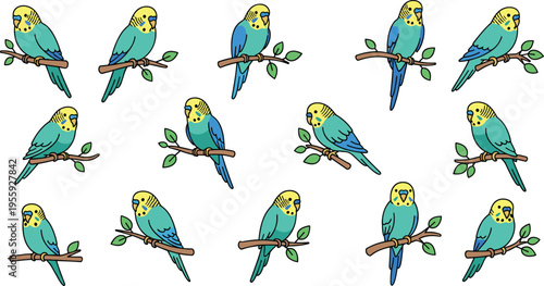 Budgerigar Bird Icon Set with Cute Blue and Green Parrots Sitting on Branches, Pet Animal Illustrations for Nature, Wildlife, and Design Projects