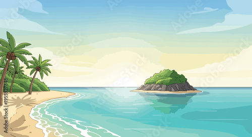 Tropical beach paradise illustration with swaying palm trees, golden sandy shore, gentle turquoise ocean waves, and a small green island in the