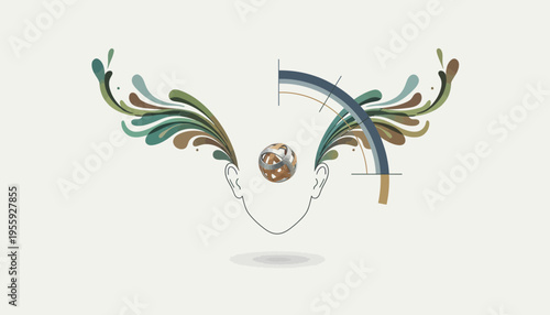 Abstract Head with Creative Wings and Globe Symbolizing Ideas and Innovation
