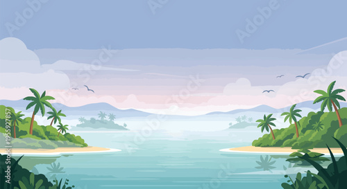 A tranquil vector reveals a peaceful tropical bay, showcasing lush islands, swaying palms, calm waters, soft pastel sky and distant mountains.