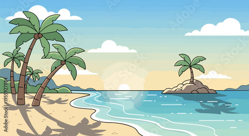 Vibrant cartoon tropical beach sunset illustration with palm trees and ocean waves. Serene paradise landscape.