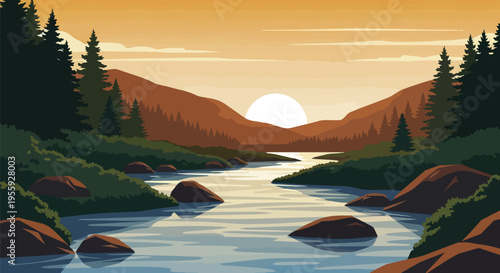vector art: serene river, forested mountain valley, sunrise/sunset. warm glow on calm water, scattered rocks, tall pine trees. peaceful natural vista