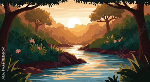 A beautifully rendered vector illustration showcasing a serene river winding through a vibrant forest valley bathed in the golden glow of dawn or dusk