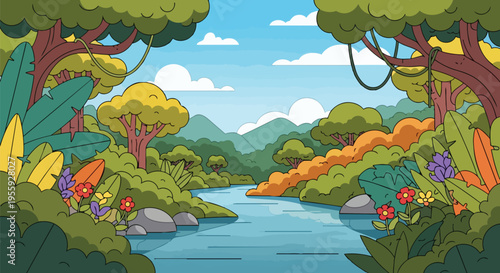 Vibrant cartoon jungle landscape featuring a winding river, lush foliage, and mountains under a blue sky