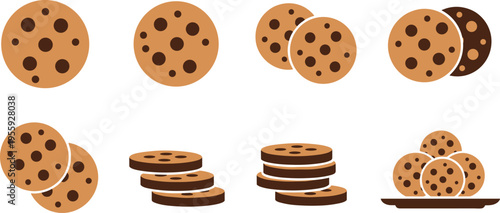 Chocolate Chip Cookie Vector Set with Classic Biscuits, Sandwich Cookies, and Stacked Desserts for Bakery Menu, Snack Design, and Sweet Food Illustration