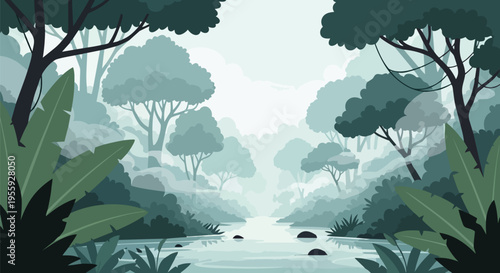 An immersive illustration of a tranquil jungle river flowing amidst a dense, misty tropical forest with lush green foliage and serene waters under a