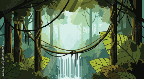 Lush animated rainforest illustration featuring a cascading waterfall, abundant tropical foliage, interwoven jungle vines, and tall trees under