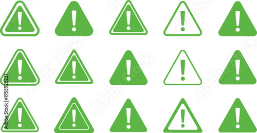 Green Warning Triangle Icons with Exclamation Mark Symbols, Safety Alert Signs for Hazard Notification, User Interface Design, Apps, and Industrial Labels