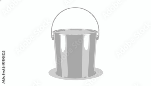 Shiny Metal Bucket with Handle and Shadow, Isolated on White Background