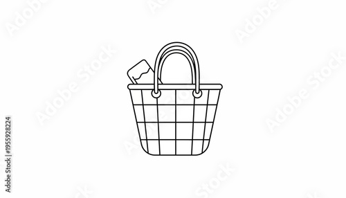 Shopping basket with items, simple line art illustration, white background