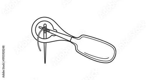 Sewing needle threader with scissors, close-up line art illustration