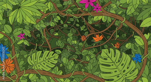 Vibrant illustrative jungle canopy with lush green foliage intricate intertwining vines and exotic blossoms creating a rich natural backdrop