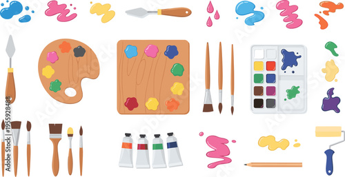 Painting Tools and Art Supplies Vector Set Featuring Brushes, Color Palette, Paint Tubes, Knife, Roller, and Creative Elements for Artists and Designers