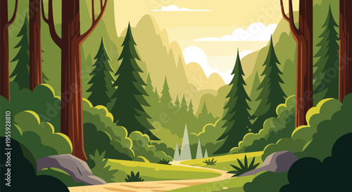 Vibrant forest landscape with a scenic winding path through lush trees and majestic mountains under a bright sky a peaceful natural panorama vector