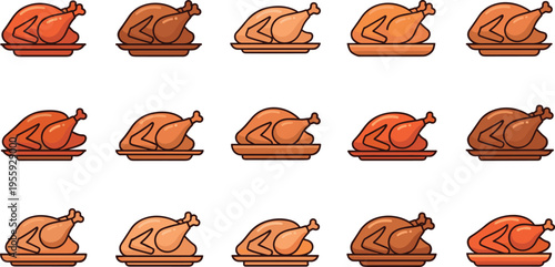 cRoasted Turkey Icon Set with Whole Cooked Chicken Illustrations on Plates for Thanksgiving Dinner, Holiday Feast, Food Menu, and Seasonal Design Projects