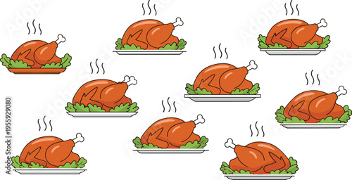 Roasted Turkey Illustration Set with Steaming Whole Poultry and Green Garnish for Thanksgiving Dinner, Holiday Feast, Food Menu, and Seasonal Design