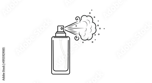 Perfume spray bottle spraying mist, isolated on white background, minimalist line art.