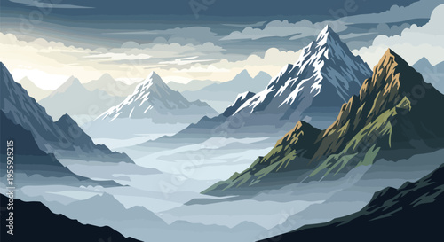 Expansive vector landscape showcasing majestic snow-capped peaks above a dense cloud layer vista, serene mountain range art